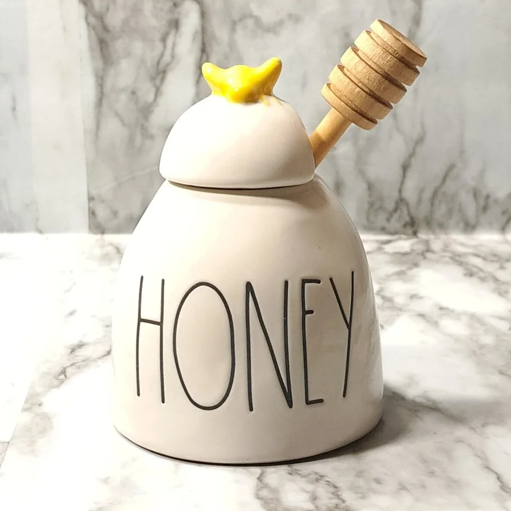 Rae Dunn Ceramic HONEY‎ Pot/ Jar With Wooden Honey Dipper  & Yellow Bee Lid